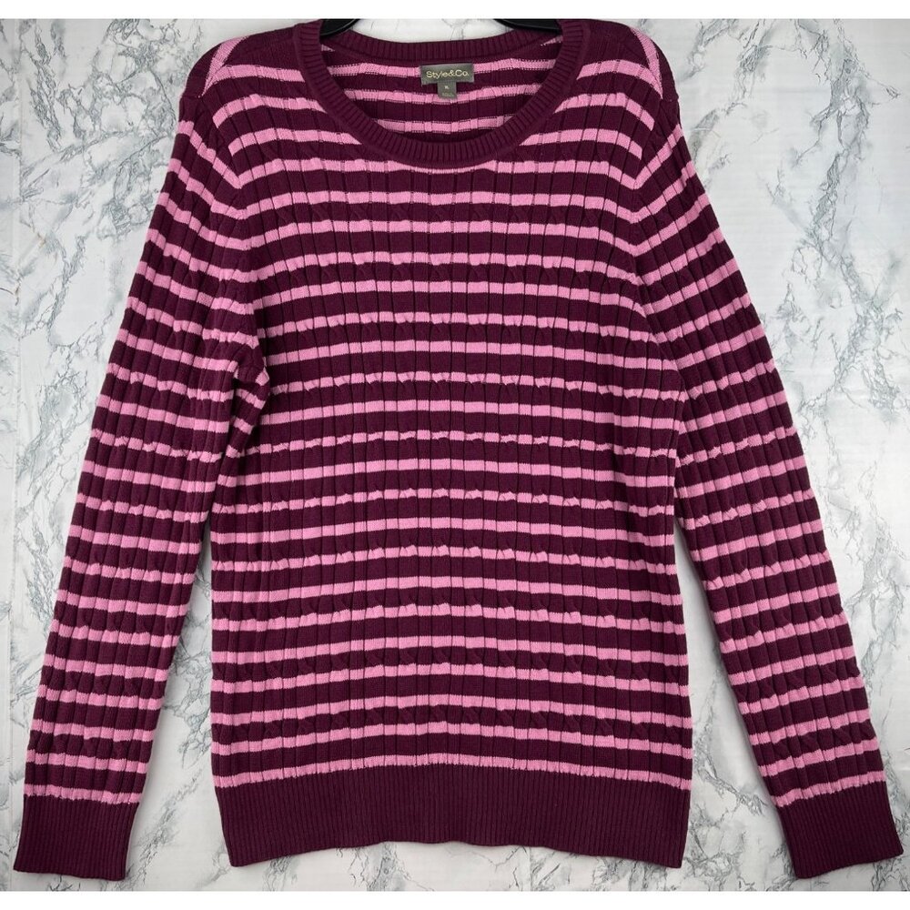 Style & Co. Womens XL Cable Crew Striped Sweater Pink & Burgundy